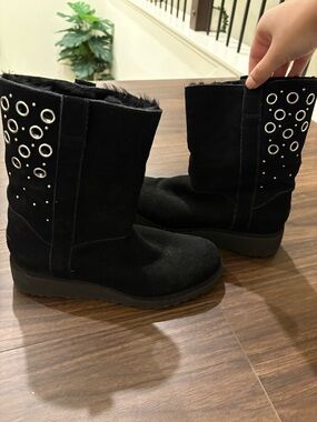 UGG Black Mid-Calf Winter Boots with Silver Eyelet Details